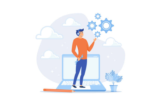 call Support staff help fixing technical problem, help desk or operator with phone call or chat to assist customer concept, flat vector modern illustration