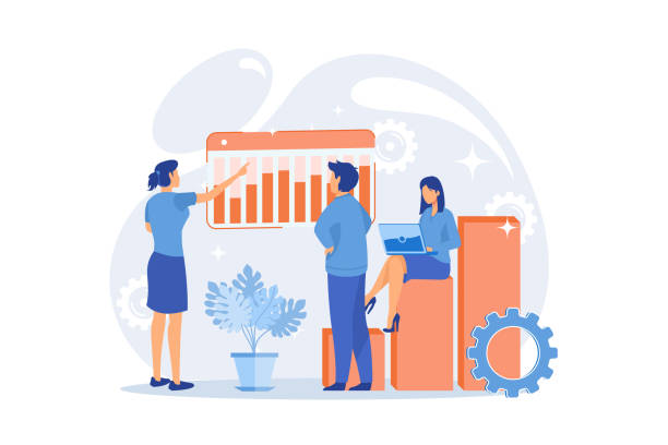 marketing2 Business innovation presentation. Analytics report, statistics chart, forkflow. Analysts and team leader cartoon characters standing on growing graph. Vector illustration