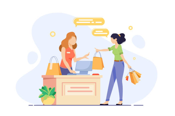 negozio Young woman engaged in shopping and checkout her purchases. Concept girl seller, vendor, cashier with shopping bags at workplace. Vector illustration.